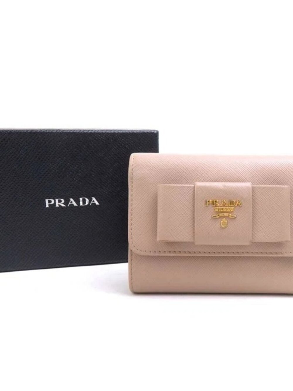 PRADA Trifold Wallet Beige Leather/Goldtone